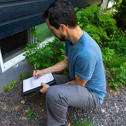 Inspector making notes by the side of a house | Russell's Pest Control serving Knoxville, TN